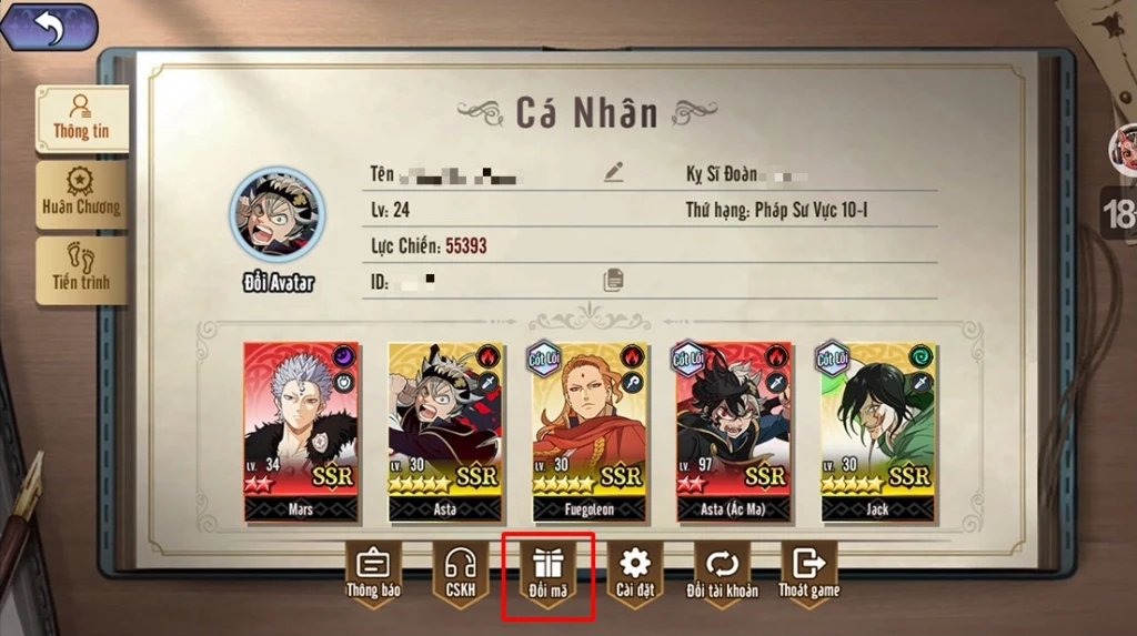 Full bộ code Pháp Sư Hắc Ám Trong giao diện nhân vật tìm icon Đổi mã